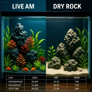 Визуальное сравнение морского аквариума с живыми и сухими рифовыми камнями, демонстрирующее разницу в биоразнообразии и эстетике.