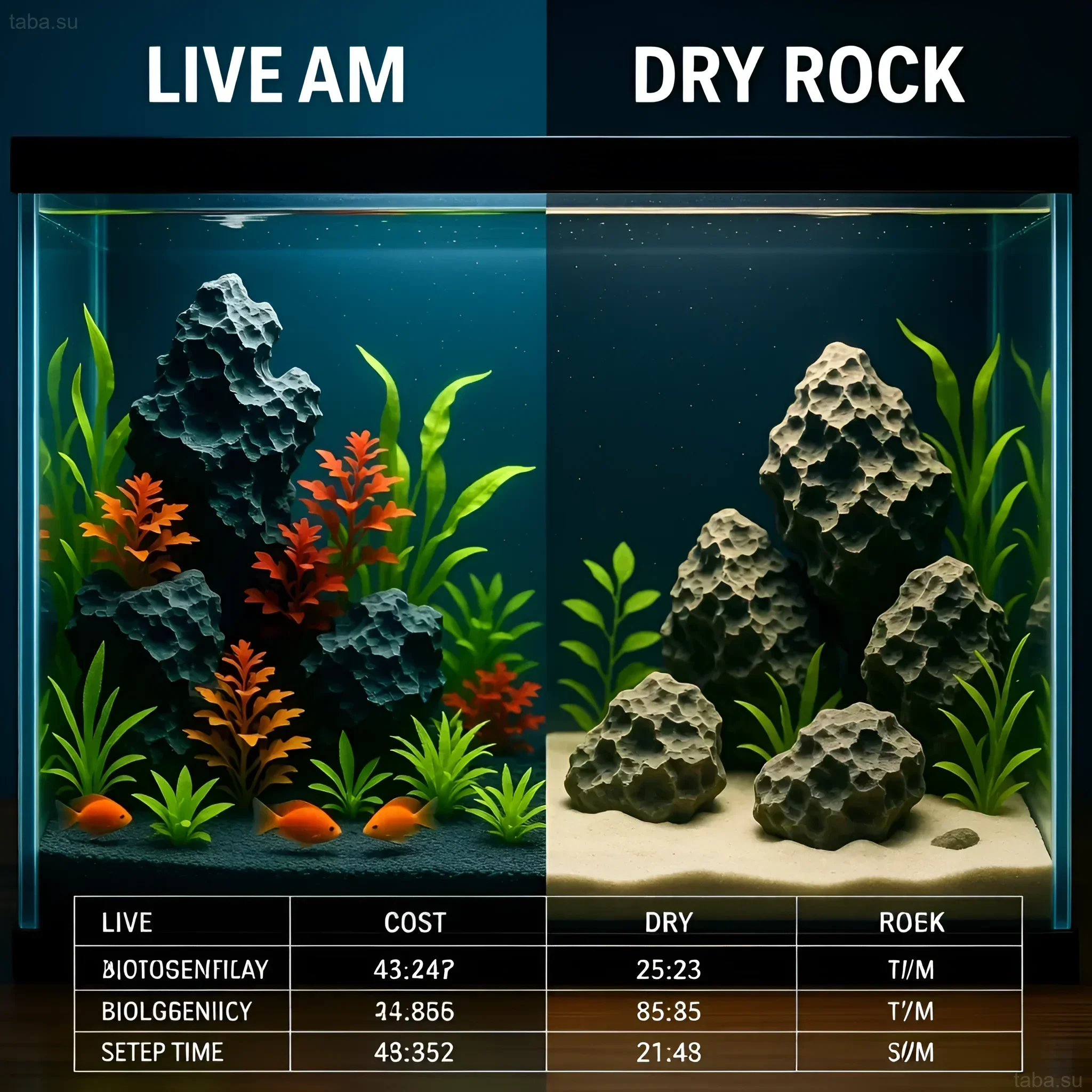 Visueller Vergleich eines Meerwasseraquariums mit lebenden und trockenen Riffgesteinen, der den Unterschied in Biodiversität und Ästhetik zeigt.