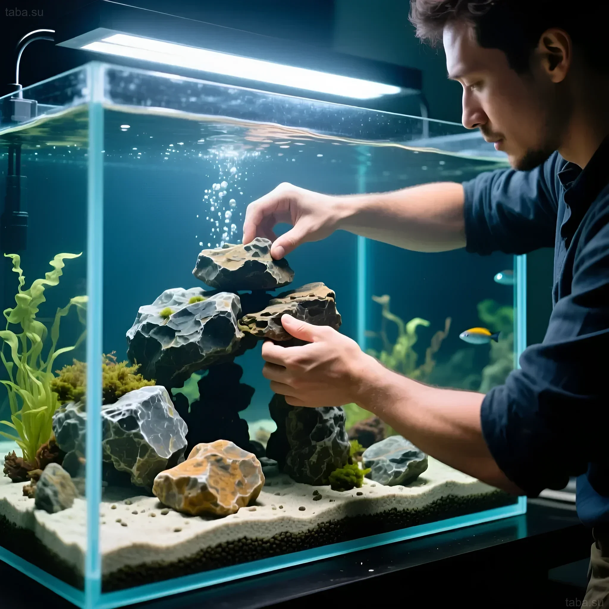 Foto des Dekorationsprozesses eines Meerwasseraquariums mit Steinen. Aquascaping, lebende Steine, Trockenriff-Gestein, Schaffung eines Riffökosystems.
