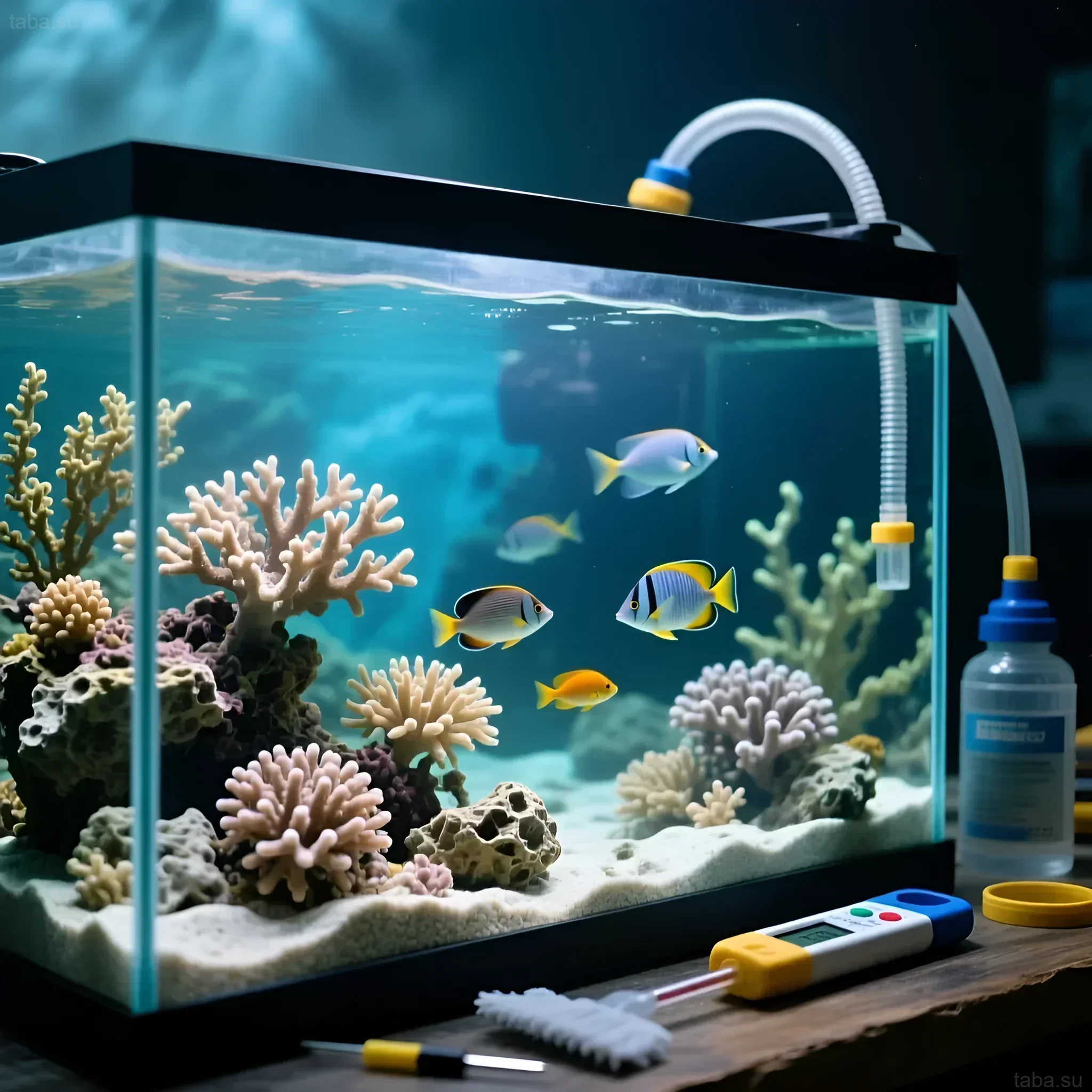 Foto eines Meerwasseraquariums mit leuchtenden Korallen, Kaiserfischen und Ausrüstung zur Aufrechterhaltung des biologischen Gleichgewichts. Ideal für einen Artikel über Riffaquarien.