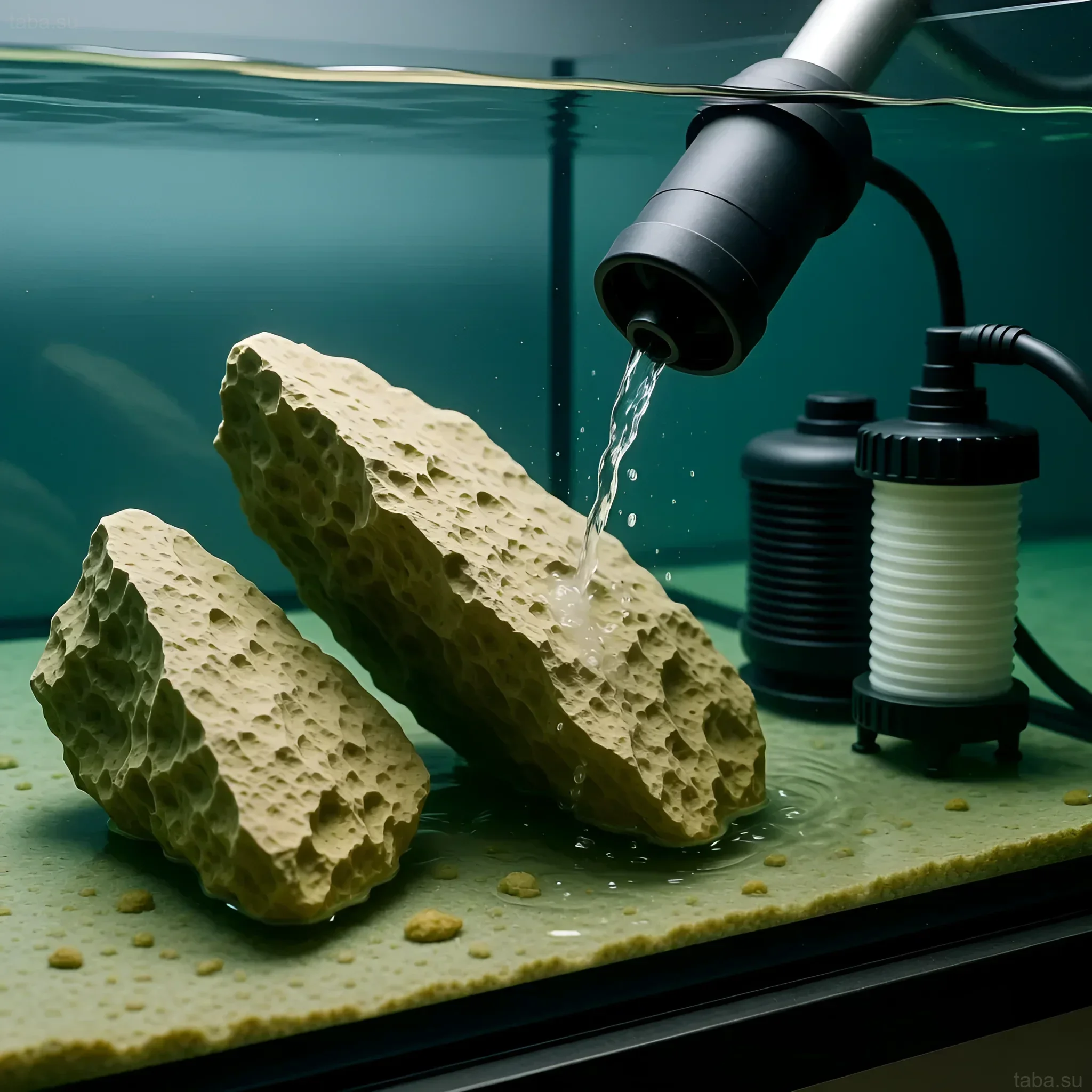 Foto zeigt das Auffüllen eines Trockenriff-Gesteins in einem neuen Meerwasseraquarium mit Wasser. Ideal für Anfänger-Riffaquarianer, die die Biologie kontrollieren möchten.