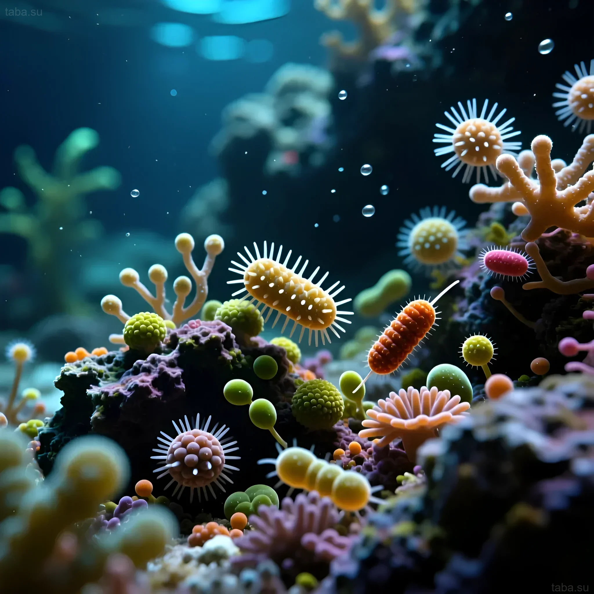 Bild zeigt Kolonien von nützlichen Bakterien und Mikroorganismen, die lebende Riffsteine in einem Meerwasseraquarium besiedeln. Ein wichtiges Element der biologischen Filterung.
