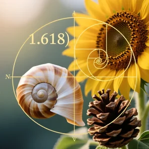 Иллюстрация золотого сечения в природе: раковина, подсолнух, шишка. Применение принципа 1.618 в аквариумистике для создания сбалансированного дизайна.