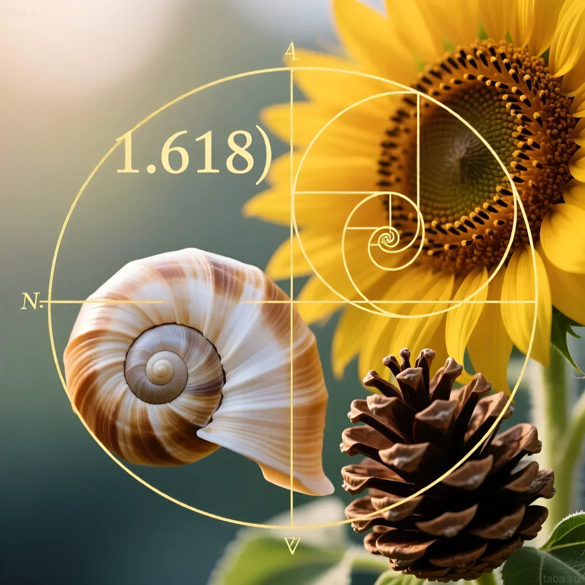 Иллюстрация золотого сечения в природе: раковина, подсолнух, шишка. Применение принципа 1.618 в аквариумистике для создания сбалансированного дизайна.