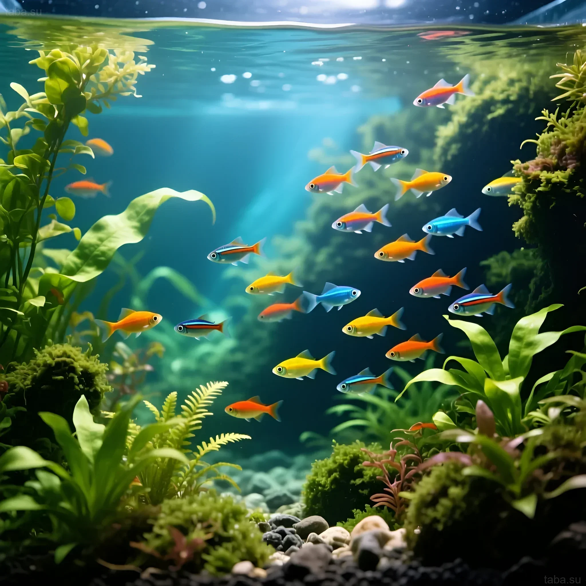 Яркий аквариум с неоновыми тетрами и густой растительностью, демонстрирующий принципы золотого сечения в акваскейпинге. Идеальный баланс и гармония.