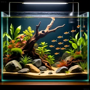 Красивый аквариум с корягой, камнями и стайкой рыбок. Пример применения золотого сечения в акваскейпинге для создания визуально сбалансированного дизайна.