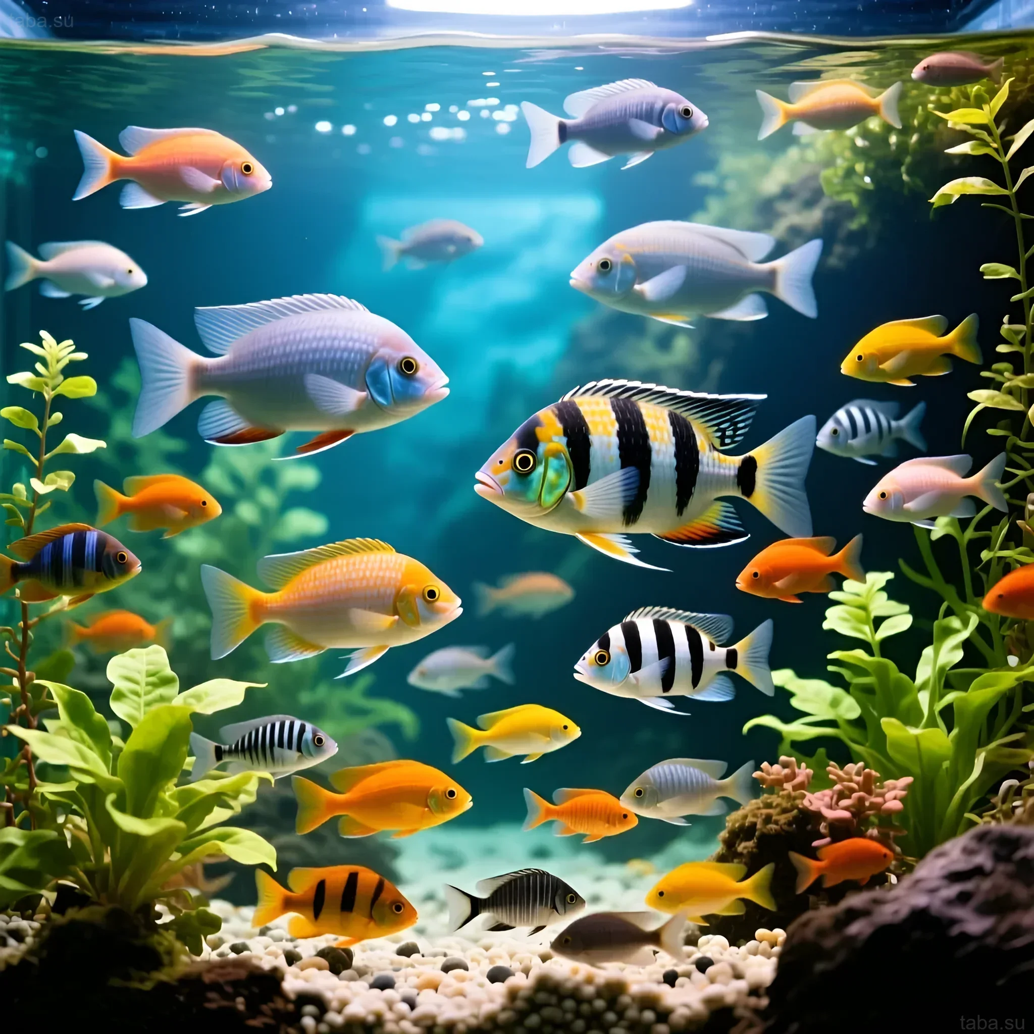 Яркий аквариум с африканскими цихлидами и густой растительностью. Идеальный пример сбалансированной акваэкосистемы для любителей тропических рыб.