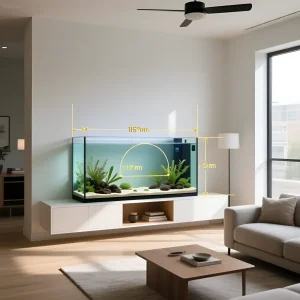 Современный аквариум прямоугольной формы в светлом интерьере, демонстрирующий применение принципов золотого сечения в дизайне и размещении.