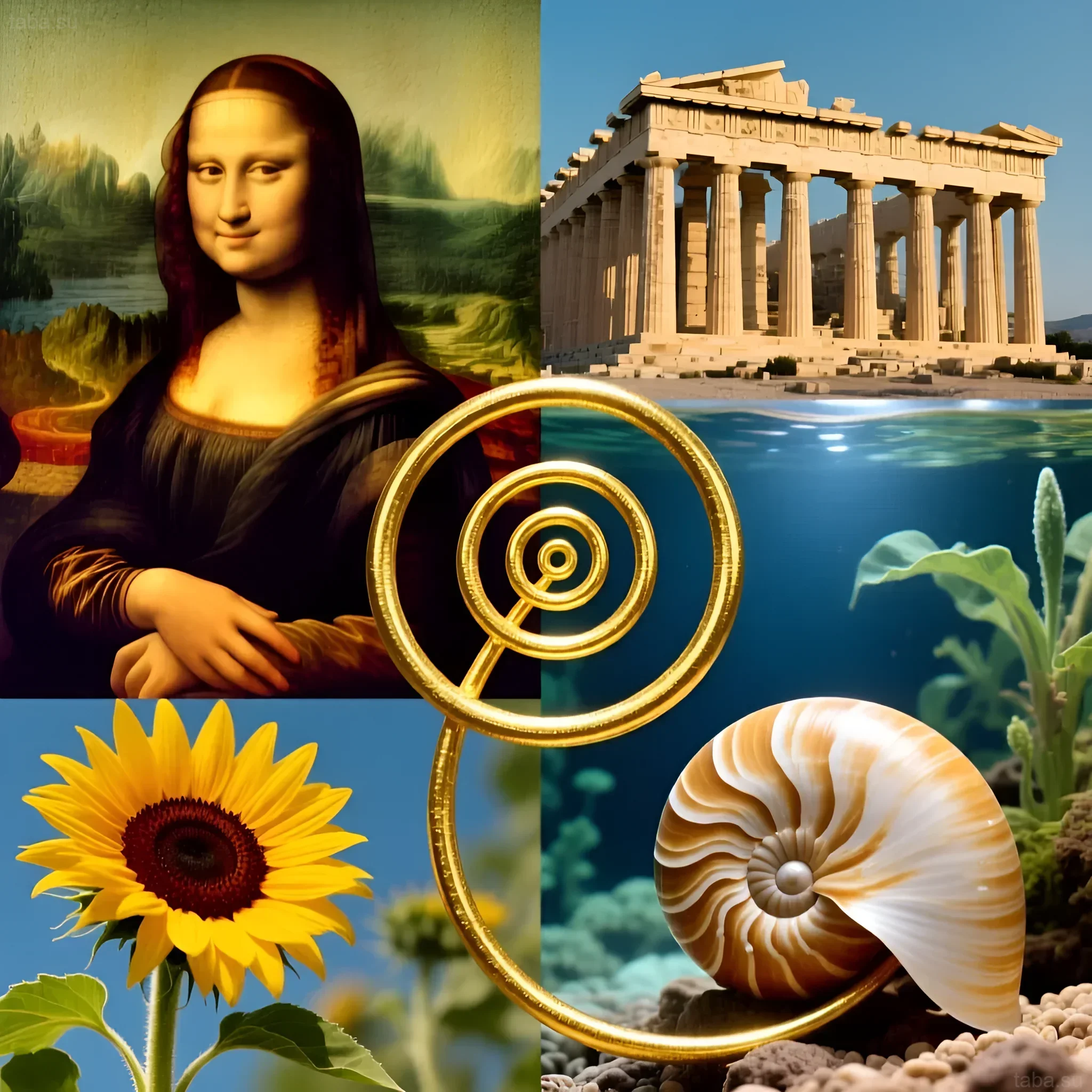 Иллюстрация золотого сечения в природе и искусстве: от 'Моны Лизы' до аквариумного дизайна, демонстрирующая пропорциональность и эстетику.