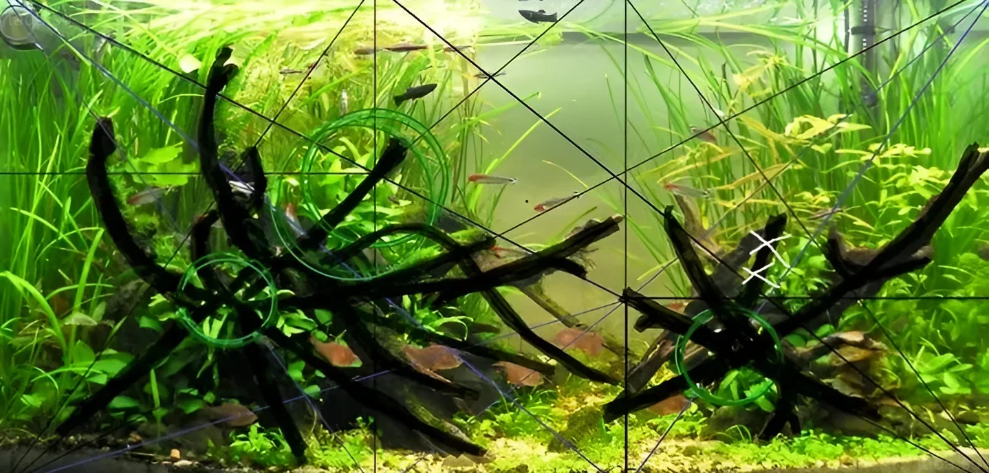 Пример аквариумного дизайна, использующего правило золотого сечения для создания гармоничной и визуально привлекательной композиции с корягами и растениями.