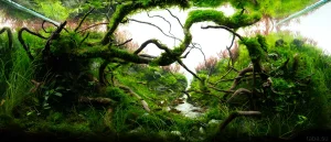 Фотография аквариума с густой растительностью, корягами, покрытыми мхом, и стайкой небольших рыб. Идеальный пример природного аквариумного дизайна.