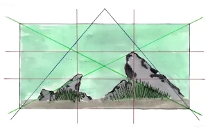 Схема аквариумной композиции с использованием золотого сечения. Расположение скал и растений для визуального баланса и эстетики.