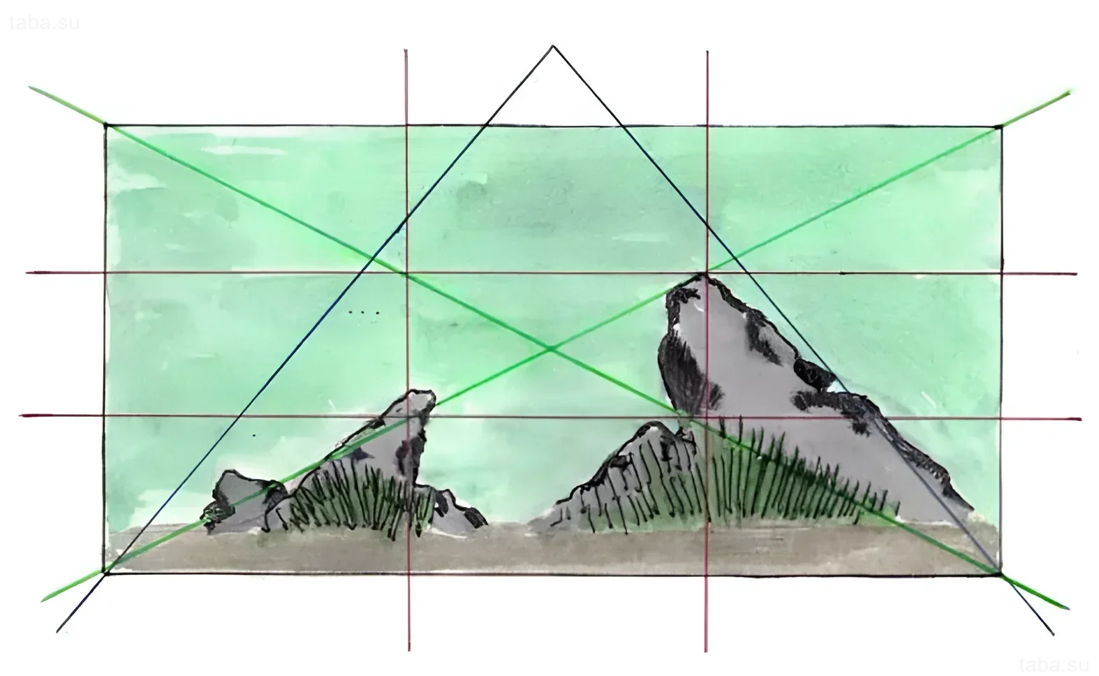 Схема аквариумной композиции с использованием золотого сечения. Расположение скал и растений для визуального баланса и эстетики.